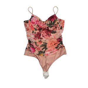 Express Floral Ruched Bodysuit Pink Beige Adjustable Strap Body Contour Size L